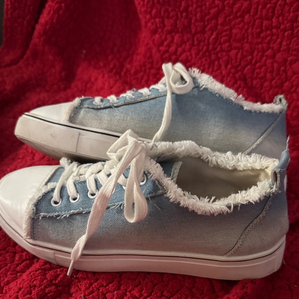 Blue and White Frayed Sneakers